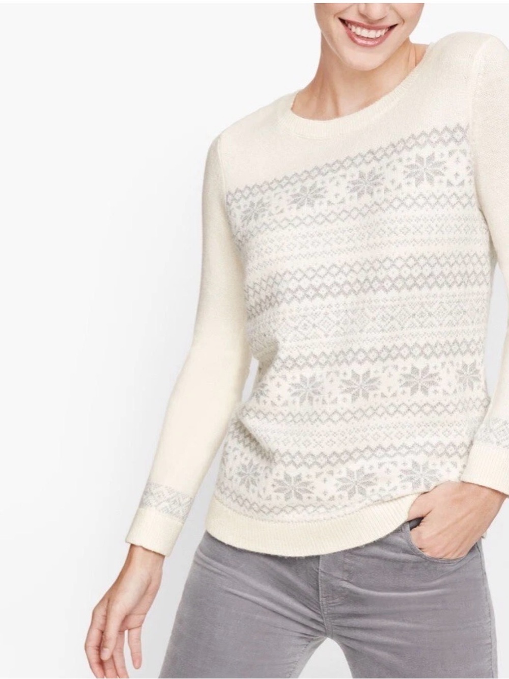 Talbots Cream Fair Isle Crewneck Sweater with Light Gray Pattern